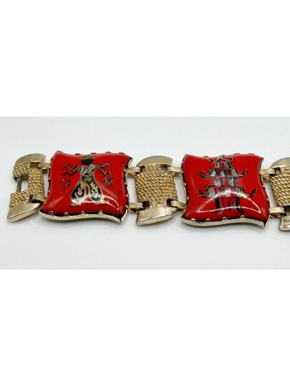 Vintage Chinese Export Enamel‎ Panel Bracelet Brass Red & Gold 7.75”